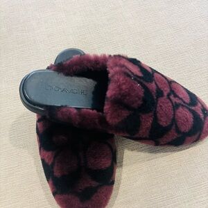 Coach Burgundy & Black Faux-Shearling Mule Slides